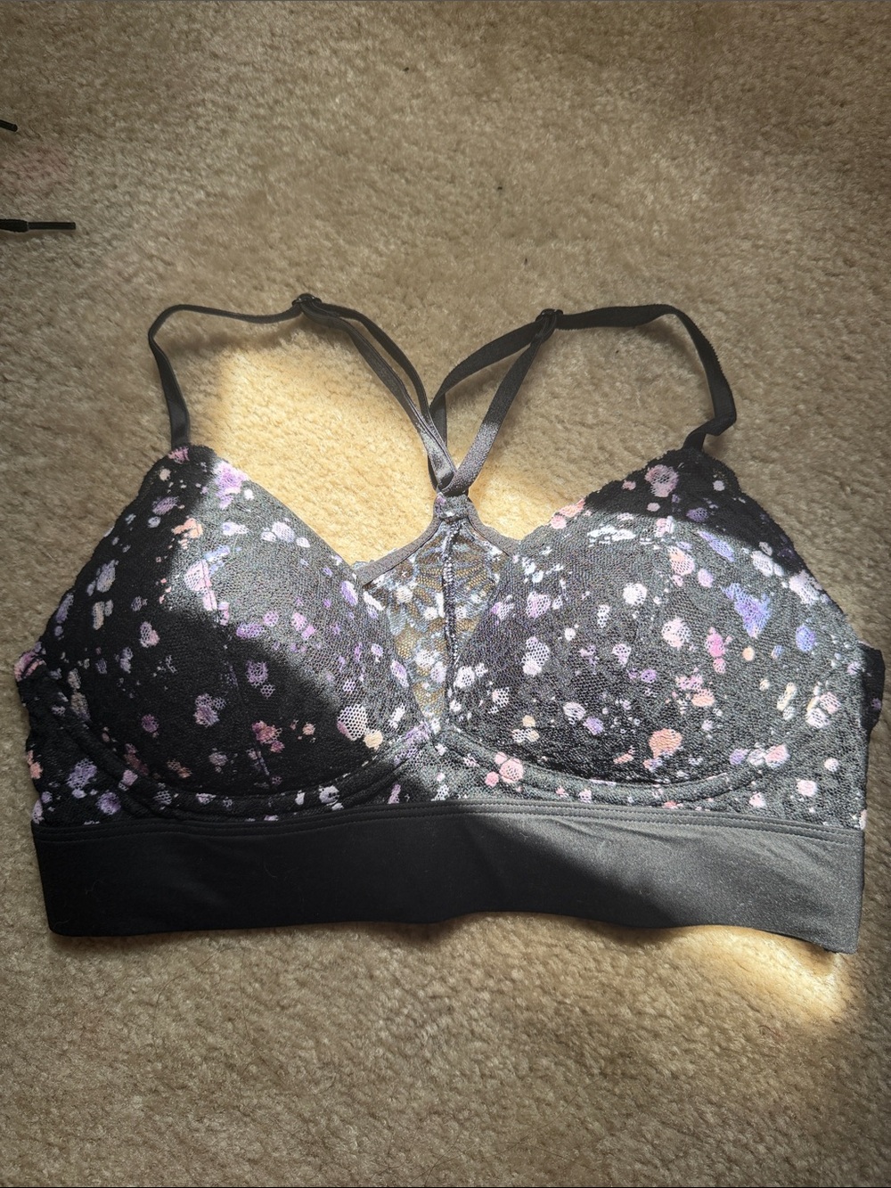 PINK Victoria's Secret Black Lace Bralette with Pink & Lavender Speckle